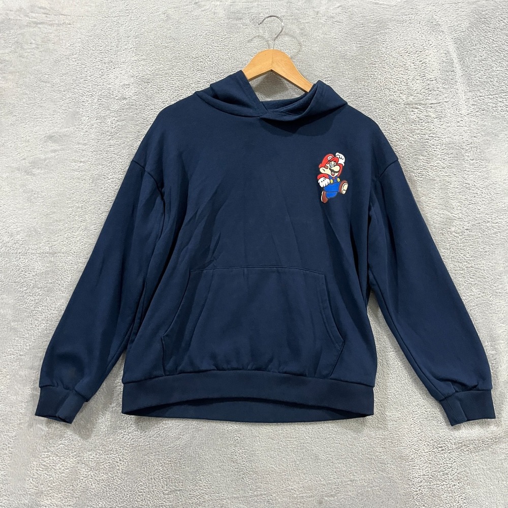 Super Mario Hoodie Boys 18 Navy Blue Luigi Cotton Kangaroo Pockets Fleece Lined